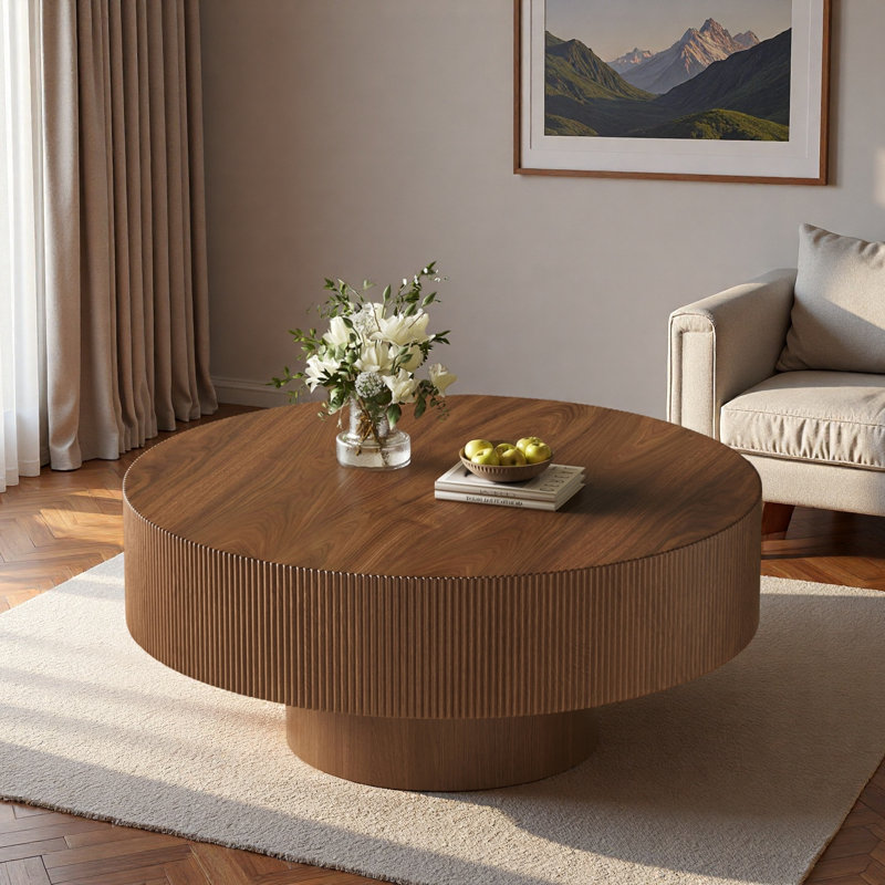 Table basse ronde moderne avec rainures, plateau de table épais et base robuste, Walnut