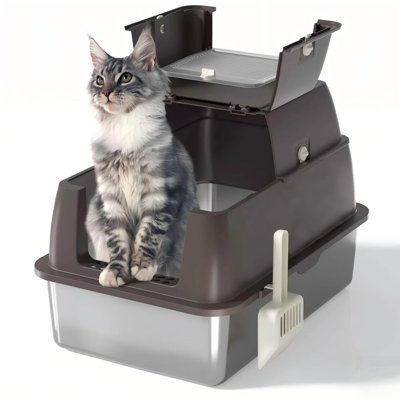 Bac à litière en acier inoxydable avec couvercle - profond pour les gros chats, conception sans odeur et anti-fuite, facile à nettoyer