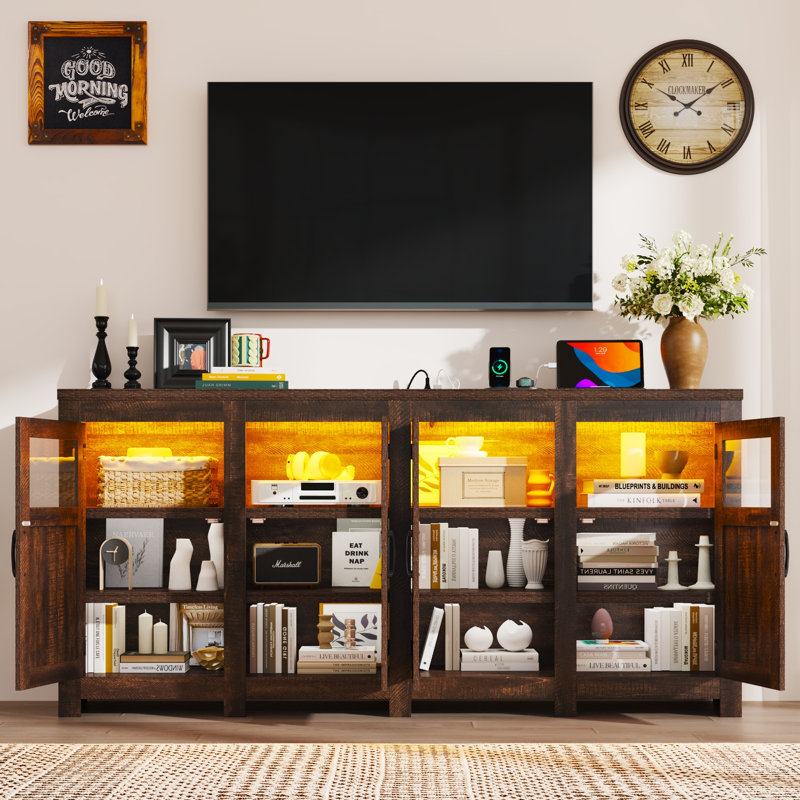 74" LED Farmhouse TV Stand For Tvs Up To 85" With Power Outlets And Adjustable Shelves, Brown, 35.5" H x 74" L x 15.75" W