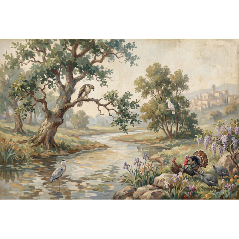 Papier peint Pastoral Landscape River River Vintage, 100 po x 96 po, Peler et coller