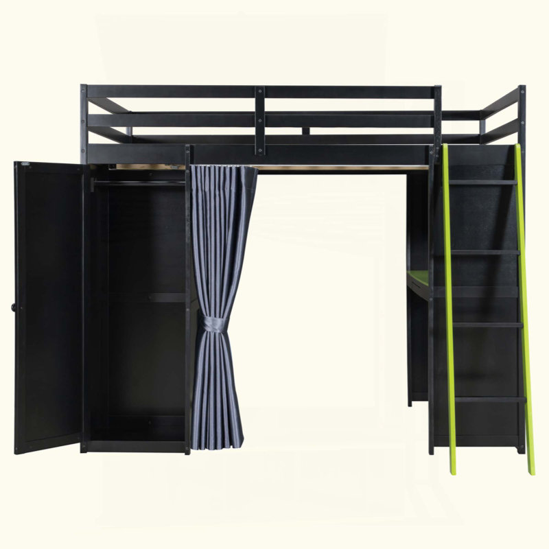 Lit mezzanine en bois avec poste de travail multifonctionnel, rangement et éclairage ambiant pour la vie moderne, Noir-vert