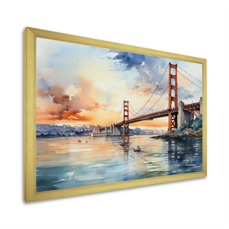 Edurardo Orange Bridge Golden Gateway IV - reproduction sur toile, H 24 po x l 32 po x P 1 po, Cadre doré à une seule photo
