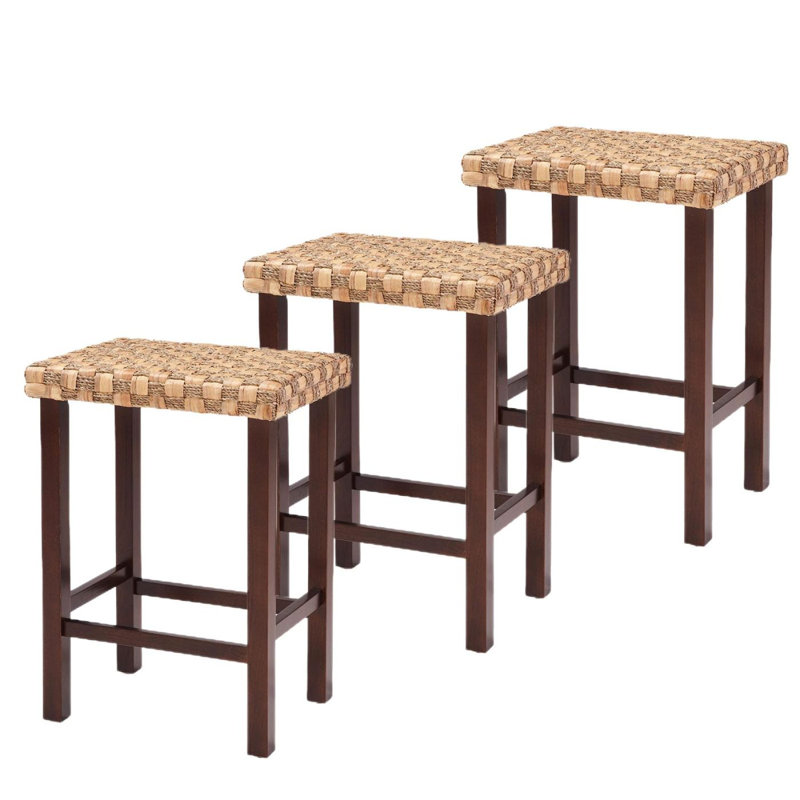 Ensemble de 3 tabourets de bar Seagrass tissés à la main - hauteur réglable de 26,3 po, pieds en bois d'hévéa massif, capacité de 250 lb, tabourets de comptoir rustiques pour îlot de cuisine