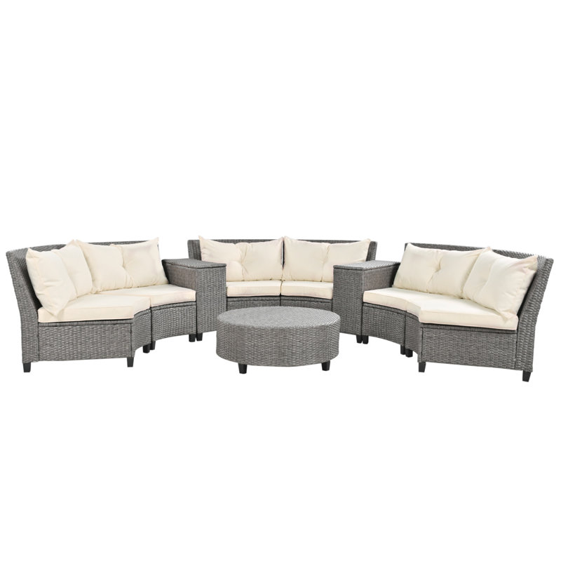 Combinaison en rotin U_Style pour 6 personnes avec coussins et table, idéale pour le jardin, Beige/gris