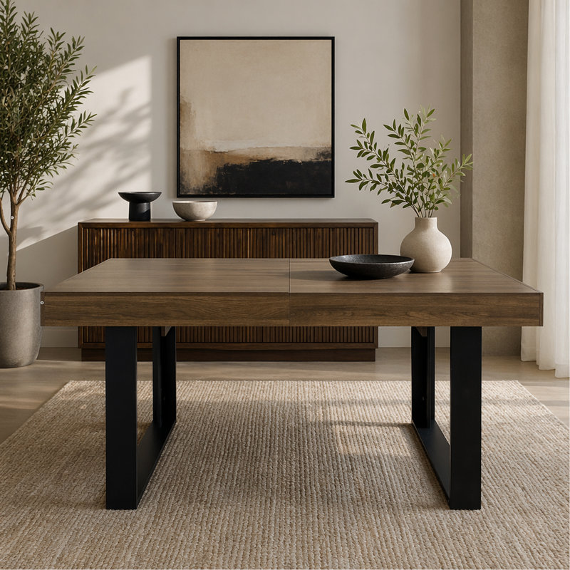 Table de salle à manger rectangulaire extensible pour 6 à 10 personnes effet bois vieilli et noir 160 à 200 cm