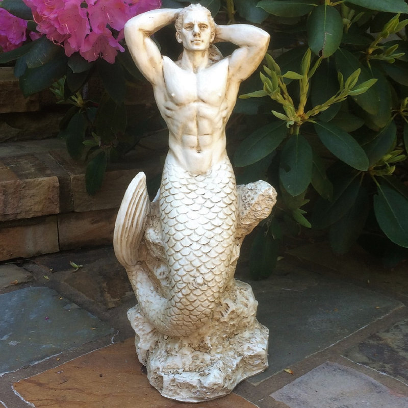 Statue de sirène de sirène sur la côte, H 21 po x l 11 po x P 9 po, Blanc antique