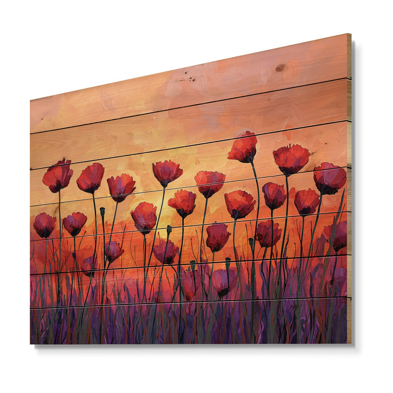 Coucher de soleil sur fond de coquelicots I - art mural traditionnel en bois sur bois de pin naturel
