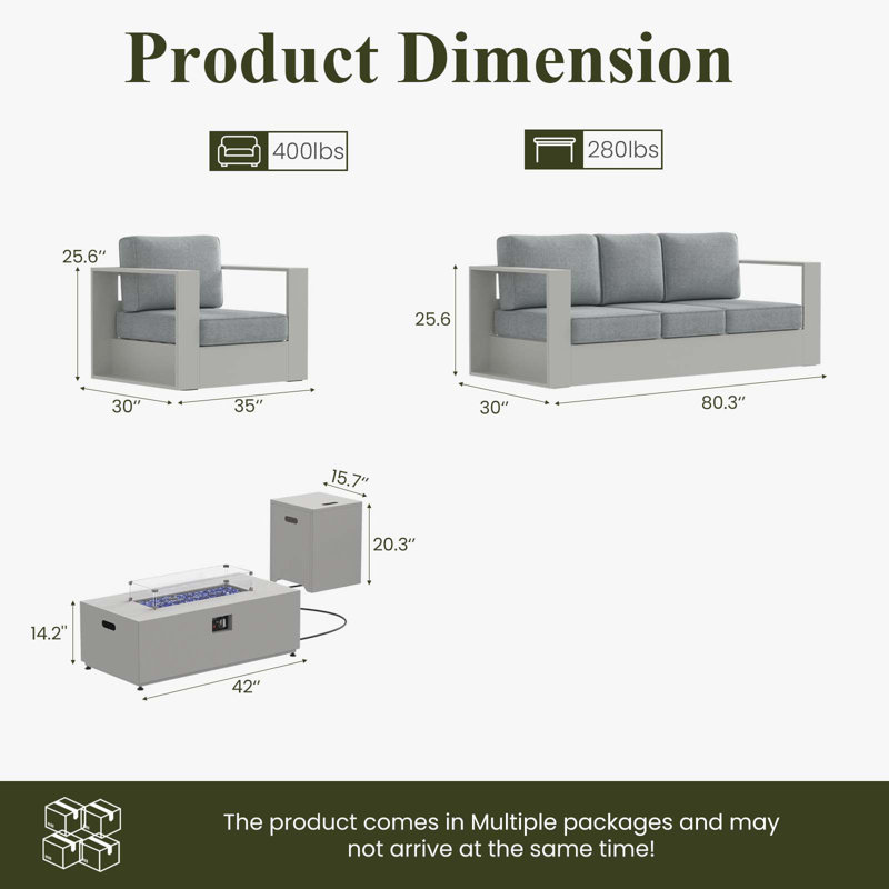 Modern Outdoor Aluminum 4-piece Conversation Set With Firepit Table, Gray Cushion/White Frame