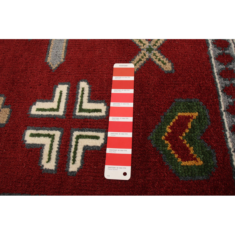Tapis oriental rouge foncé / ivoire / vert en laine noué à la main, Rectangle 6 pi x 9 pi