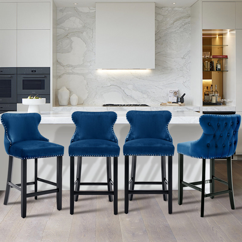 Alaster Upholstered Velvet Counter Stool with Solid Wood Frame, Blue
