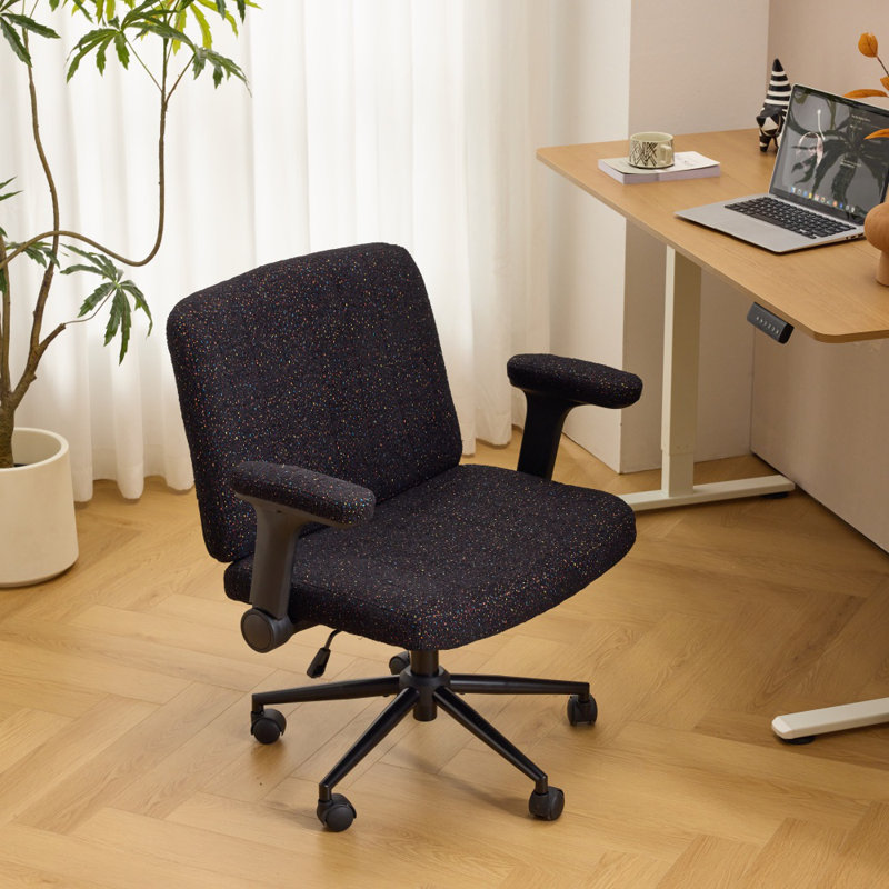 Chenille Upholstered Swivel Desk Chair with Flip-Up Arms, Adjustable Rolling Home Office Task Chair, Black, Black