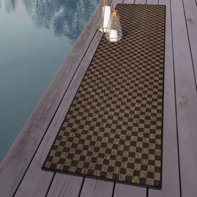 Checkered Dark Gray/Natural Easy-Care Jute-Style Indoor/Outdoor Flat Woven Area Rug