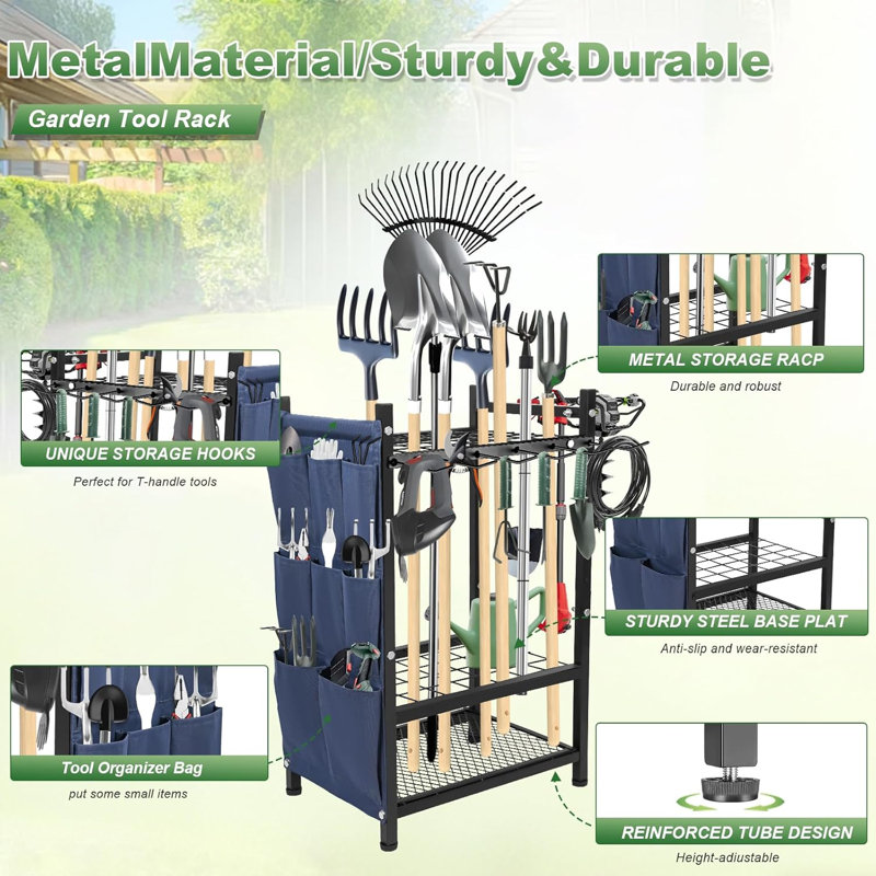 Garden Yard Tool Organizer Rack with Hooks and Side Pockets Holding Long Handled Tools