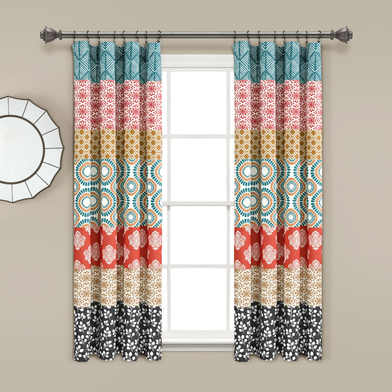 Bohemian Semi Sheer Curtain Single Panel, Turquoise/Orange, 52" W x 63" L