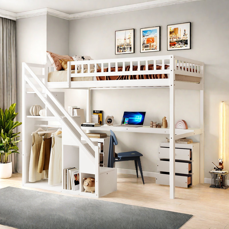 Lit mezzanine avec deux commodes, bureau et bande lumineuse, Simple, Blanc