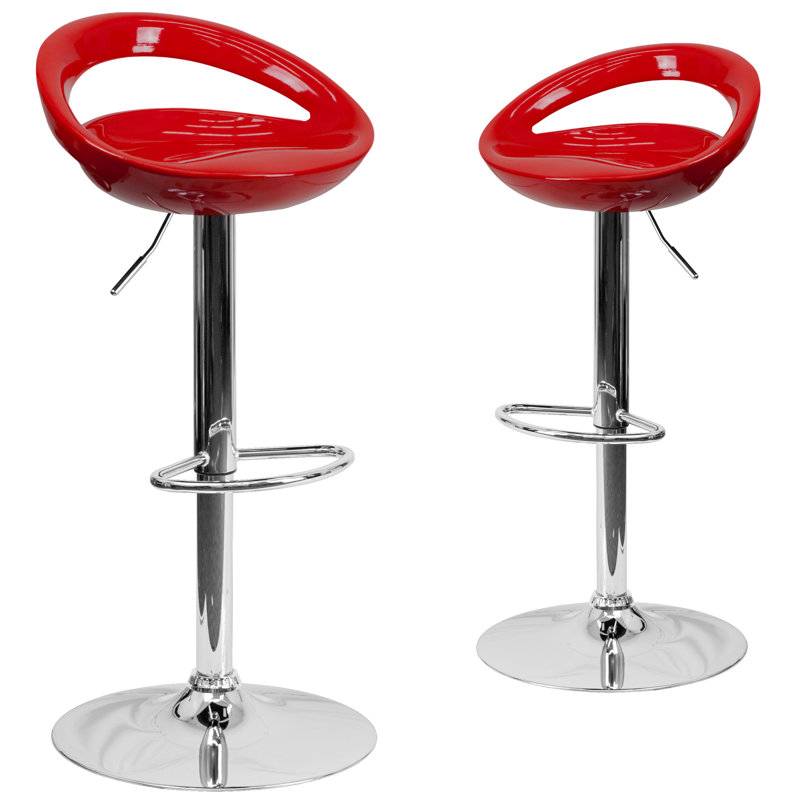 Contemporary Plastic Adjustable Height Barstool with Rounded Cutout Back and Chrome Base, Red