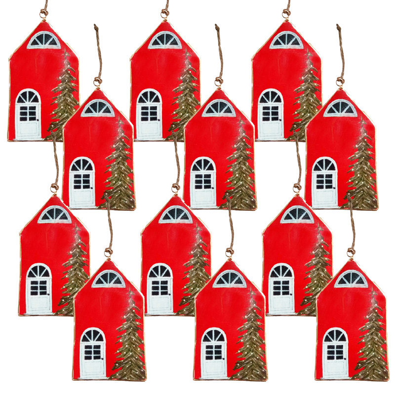 Red Iron and Jute Christmas House Hanging Set of 12