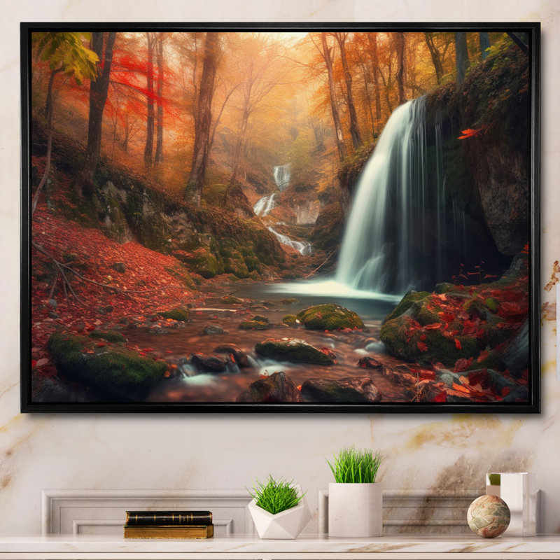 Chute d'eau dans la forêt d'automne II - impression, H 12 po x l 20 po x P 1 po, Cadre flottant noir
