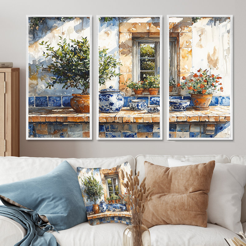 «Blue and Green Kitchen Greek Kitchen», ensemble d'art mural, H 28 po x l 36 po x P 1 po, Toile encadrée flottée blanche