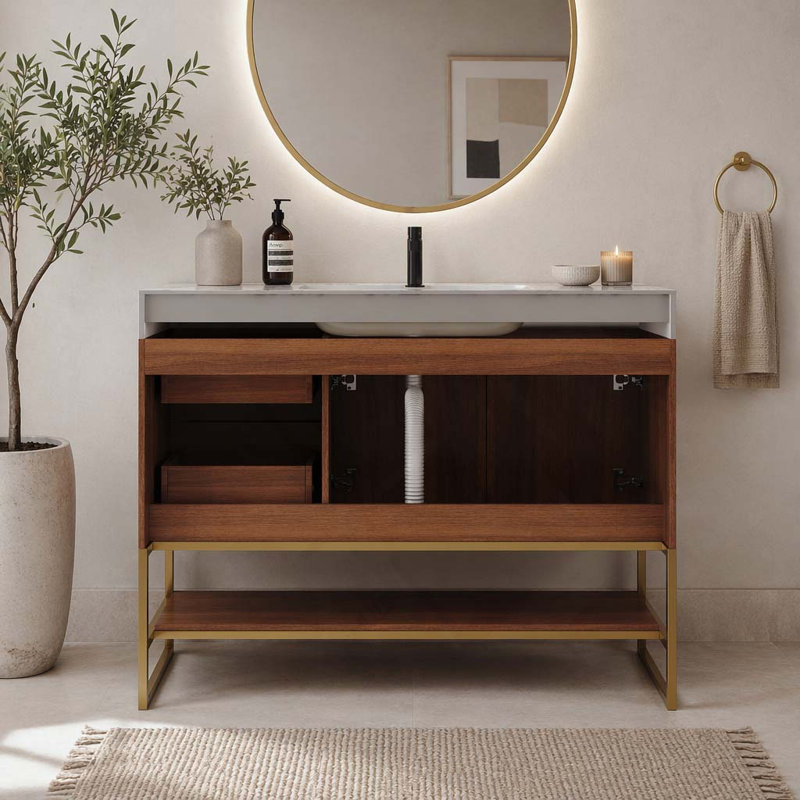 Meuble-lavabo moderne de 36 po avec lavabo, comptoir en pierre frittée et lavabo en céramique, armoire de rangement en bois imperméable avec pieds de support en acier inoxydable