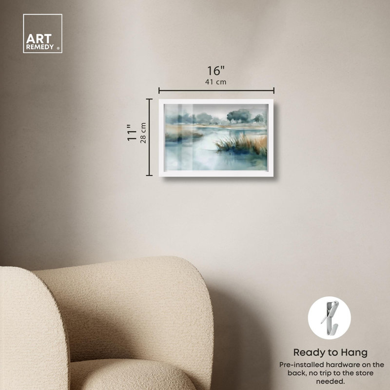 «Hazy River I Landscape Art Shadowbox Print» par Art Remedy, H 11 po x l 16 po, Blanc