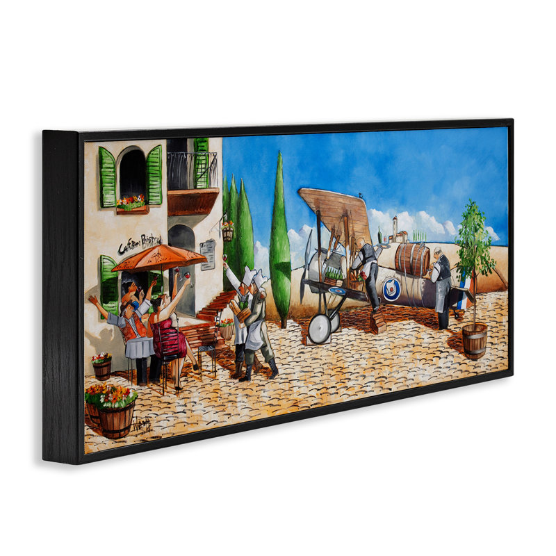 Café et avion scène encadrée par Giclée par Ronald West, Giclée encadrée noir minuit, H 10 po x l 24 po