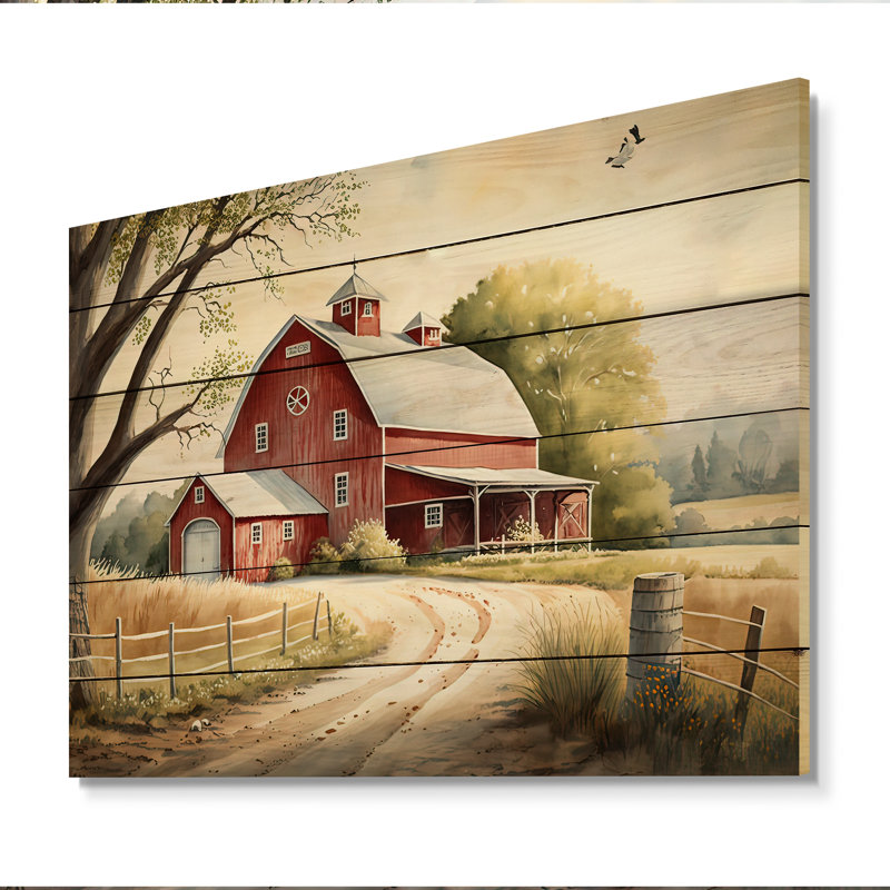 Henrietta Charmante grange et chemin IV - reproduction sur bois sans cadre, H 12 po x l 20 po x P 1 po