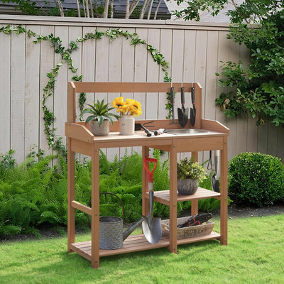 Tamiya Polystyrene Potting Bench Outdoor Garden Potting Tables with Stainless Steel Sink and Open Shelves Design