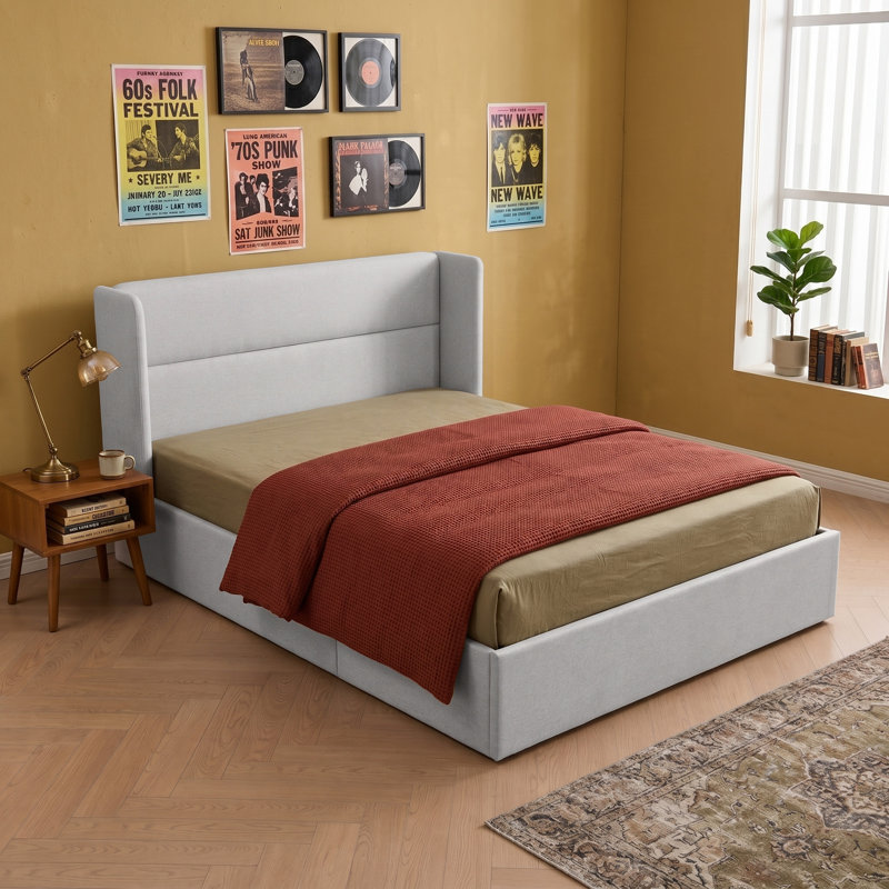 Lit plateforme tapissier avec rangement Gaillarde, Grand, Blanc grisâtre
