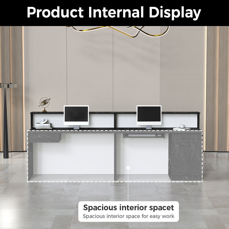 Modern Ergonomic Reception Desk With LED Lighting, Black Marble, 39.37'' H X 70.87'' W X 23.62'' D