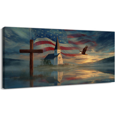  American Flag Canvas Wall Art, Patriotic Eagle Painting with Church and Cross Picture, Vintage Americana Decor Serene Sunset Landscape Artistic Canvas Framed for Living Room 12x24"