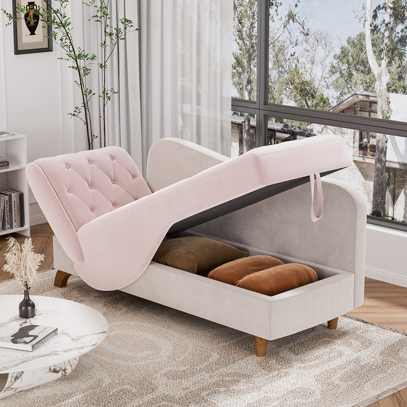 Pink and Gray Velvet Upholstered Chaise Lounge with Storage