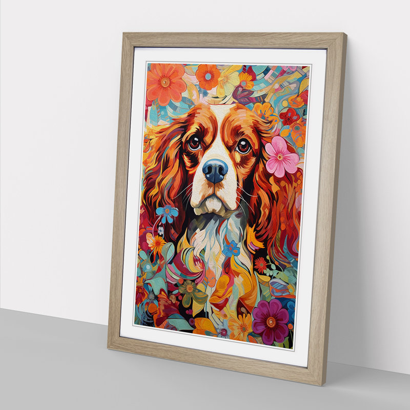 Cavalier King Charles Spaniel Expressionism - Single Picture Frame Print on Wood, Oak Framed, 46cm H x 34cm W x 2cm D