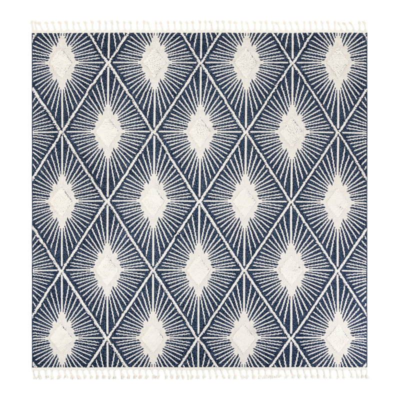 Geometric Machine Woven Runner 2'7 x 12' Polyester Area Rug in Blue, Square 10'