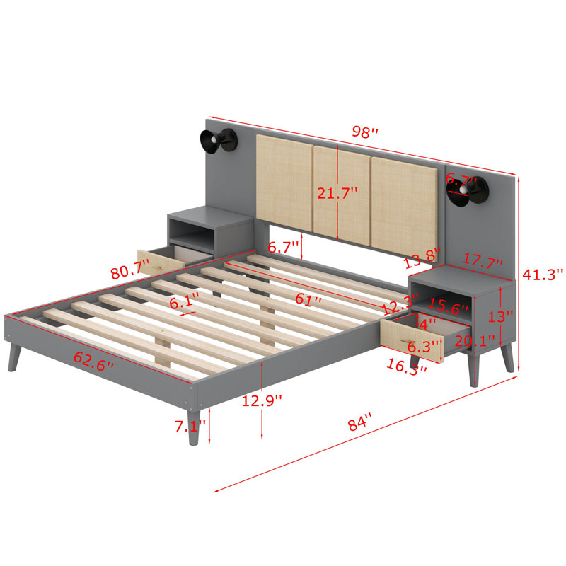 Structure de lit grand en bois massif avec 2 tables de chevet, Gris