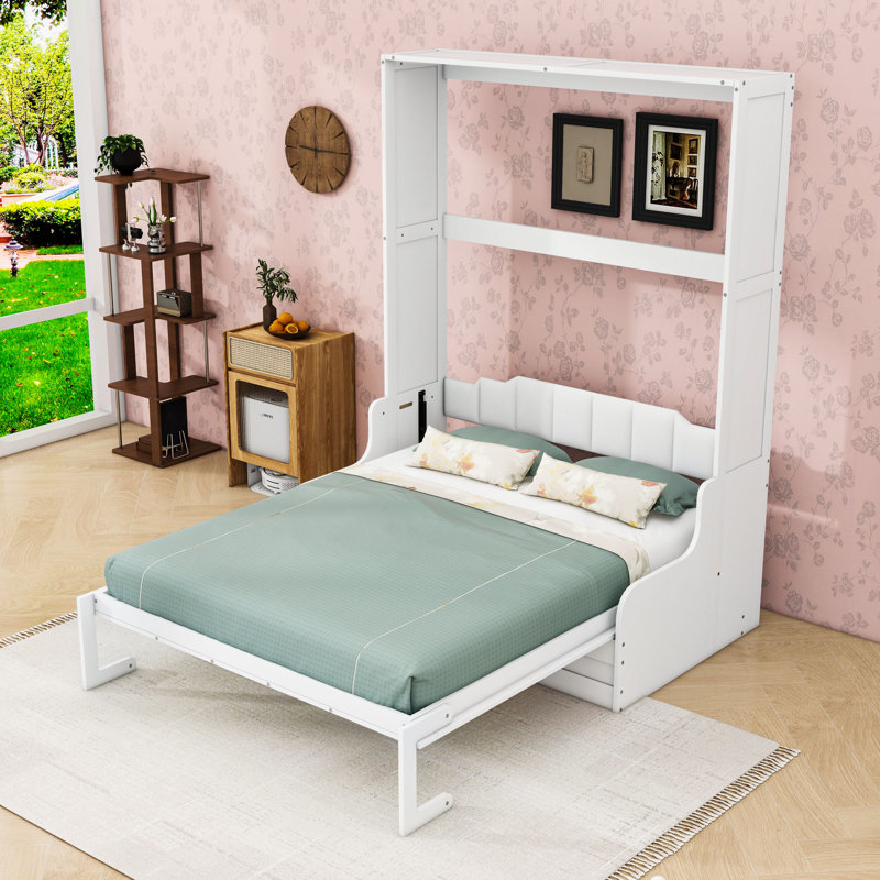 Lit escamotable en bois avec coussin, Blanc