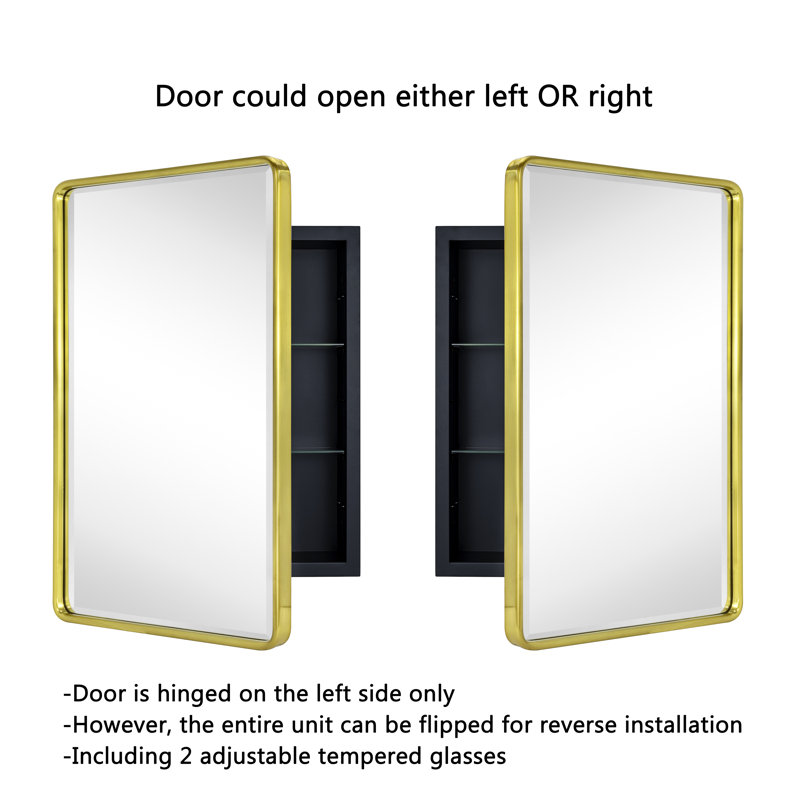 Farmhouse Recessed Metal Bathroom Medicine Cabinets with Mirror with Adjustable Tempered Glass Shelves, Brushed Gold