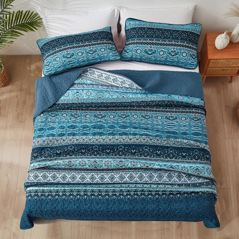 Ensemble de 3 courtepointe Boho Bohemian, Bleu, Courtepointe très grand et 2 très grandes taies 