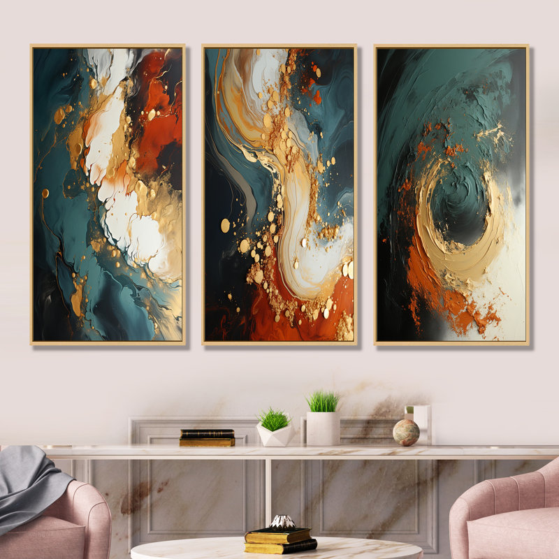 Tempête de pierre blanche, bleue et orange I - ensemble de 3 décorations murales, H 28 po x l 36 po, Cadre flottant brun