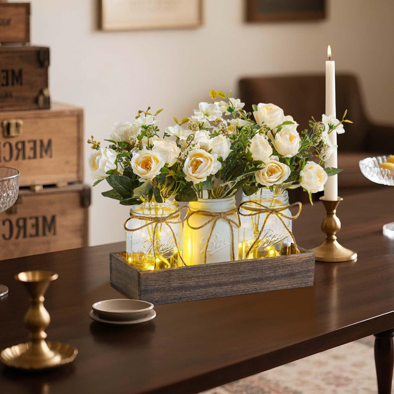 3 Pcs Mason Jar Centerpiece Table Decorations Fake Flowers Artificial Blue Flowers Rustic Spring Centerpieces Decor with Wood Tray and Light Table Decorations for Home Kitchen Living Room
