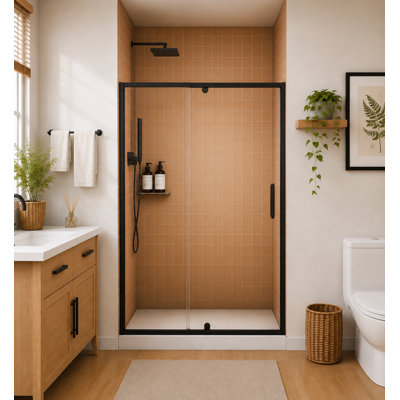  Porte de douche pivotante semi-sans cadre H 44 po x l 71 po avec verre trempé anti-déflagrant de 1/4 po (6 mm) Wynnt, quincaillerie en acier inoxydable, cadre en aluminium noir mat Wynnt