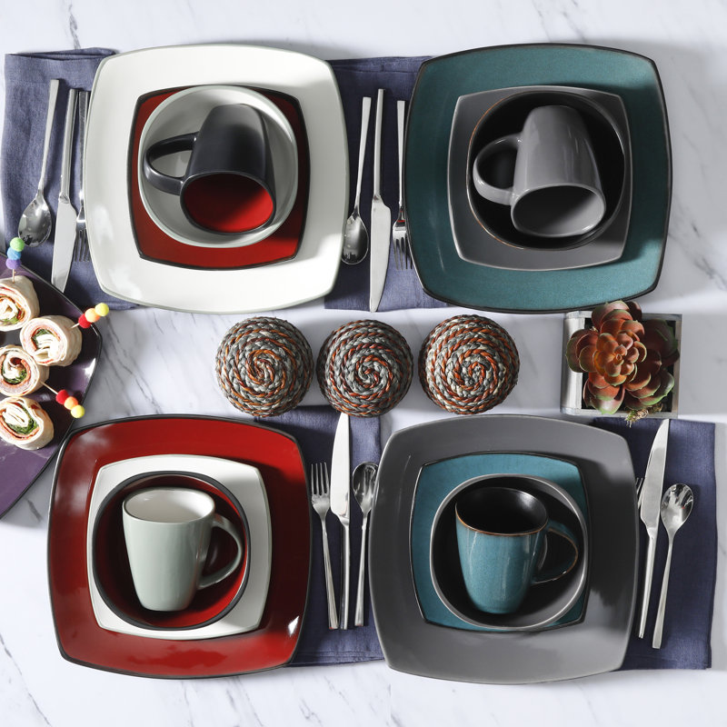 Teal and Black Square Porcelain Dinnerware Set, Service for 4