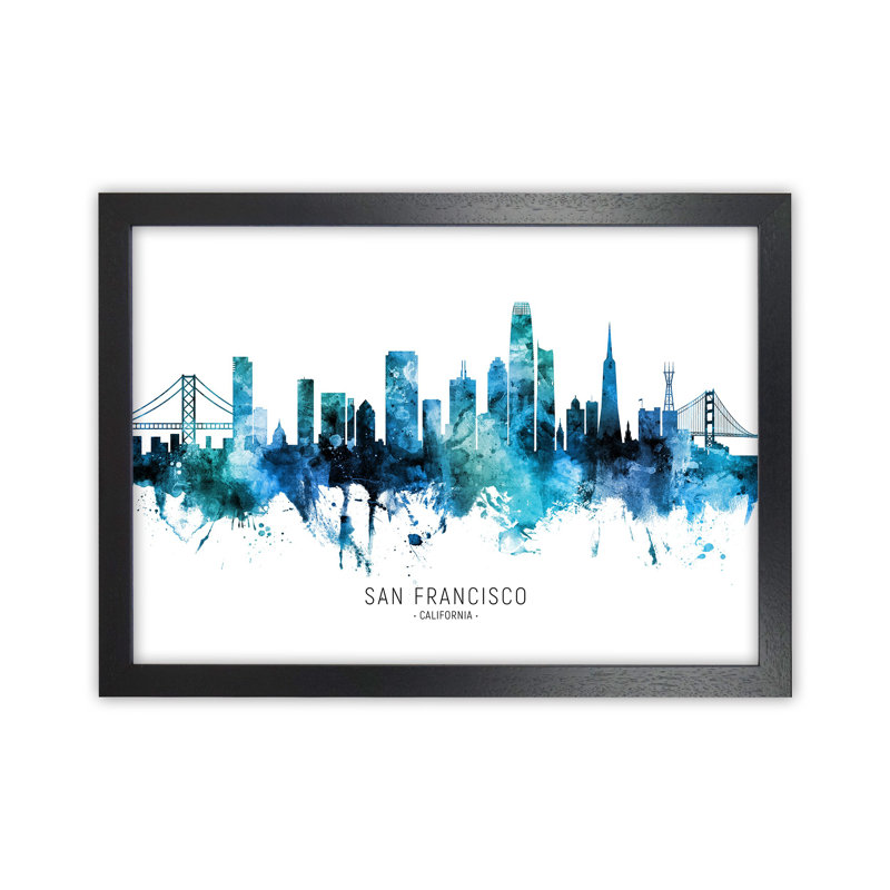 San Francisco California Skyline Blue City Name by Michael Tompsett - Print, 64cm H x 88cm W x 3cm D, Black Framed