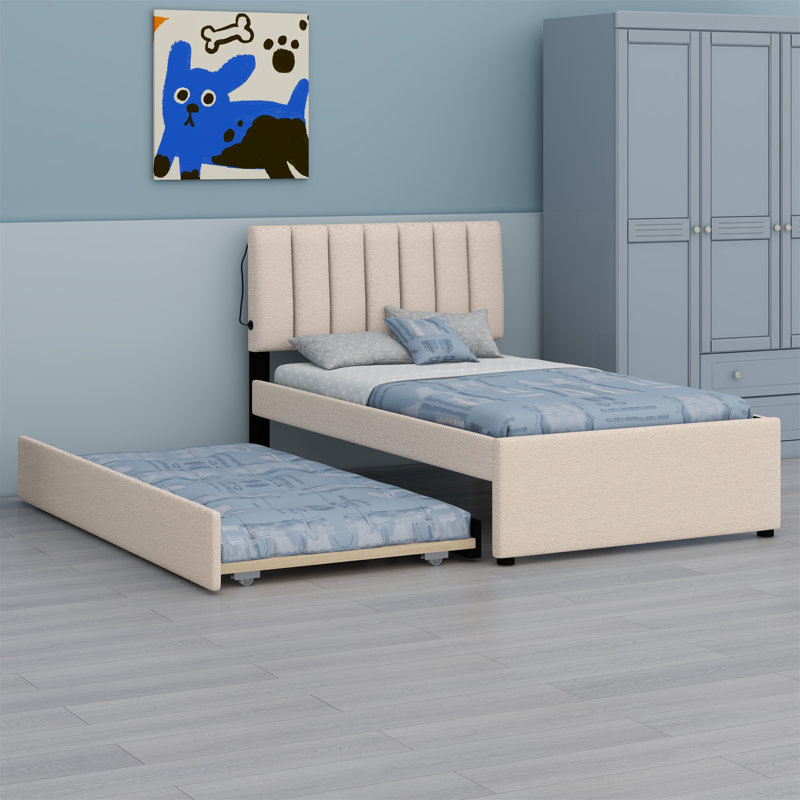 Lit plateforme tapissier avec lit gigogne, Beige