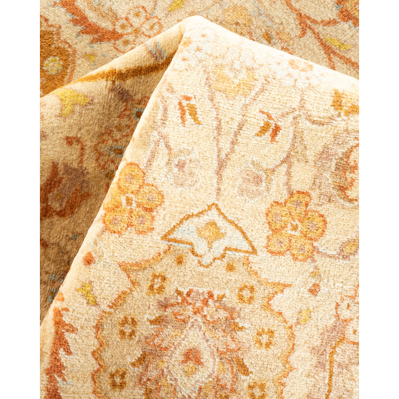 Ivory and Gold Hand-Knotted Wool Geometric 6' x 9' Rug