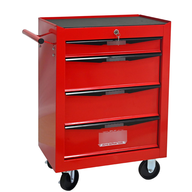 Rangement à 4 tiroirs pour coffre à outils, chariot à roulettes avec glissières à roulement, rouge et noir, coffre de rangement supplémentaire pour rangement de 20 po, roulettes de rangement universelles, mouvement à glissières