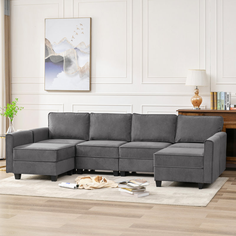 Canapé modulaire en velours en U avec sièges de rangement, Velours gris