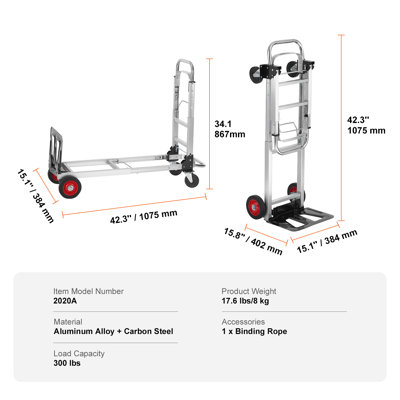 Chariot de manutention pliable en aluminium, 2 en 1, capacité 180 kg, avec roues en caoutchouc pour le transport et la manutention en entrepôt, chariot industriel robuste et pliable, idéal pour les supermarchés et les jardins.