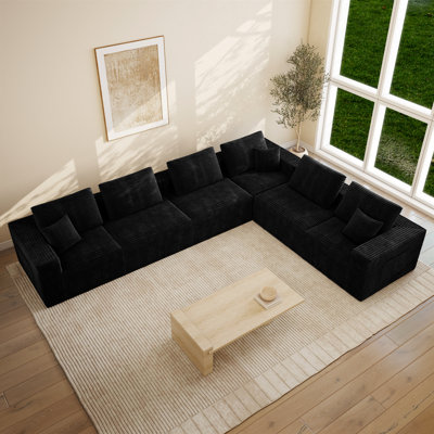 Canapé modulaire à compression en L 141,7 po avec méridienne en velours côtelé Boneless Abdou, noir