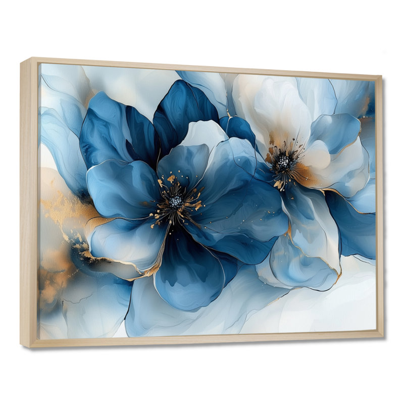Velours blanc, bleu, chrysanthèmes, rivière à encre I - art mural Apple Blossom, H 30 po x l 40 po, Cadre flottant